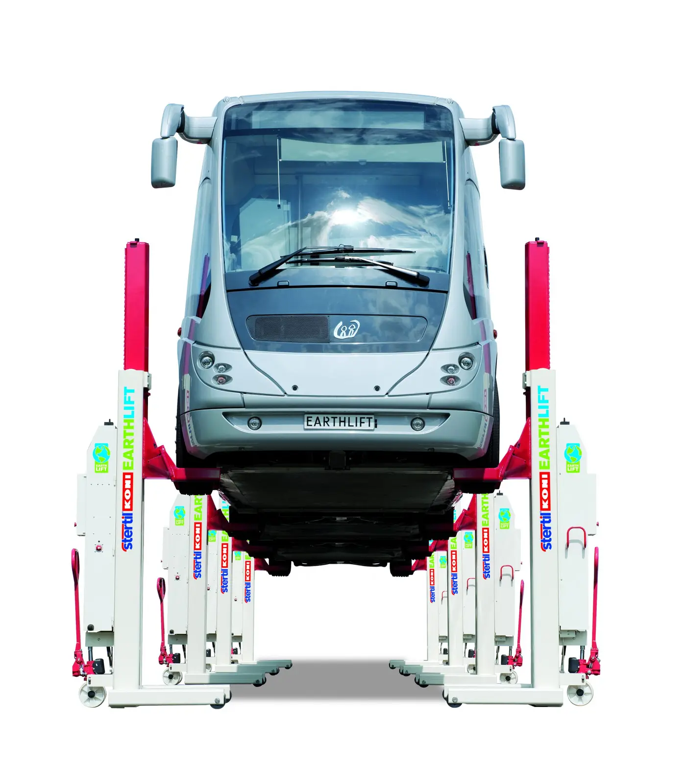 Bus lifted by Stertil Koni mobile vehicle lifts